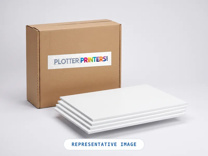 Representative product photograph of a stack of rigid flat printable board beside a PlotterPrinters shipping carton. Generic image, not a photograph of this product.
