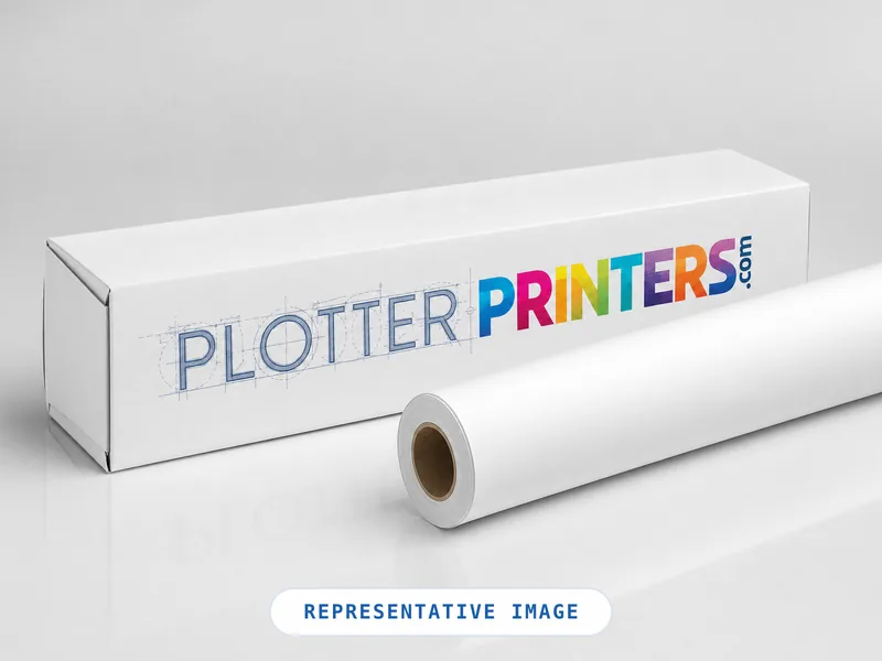 Representative product photograph of a roll of wide-format media beside a PlotterPrinters shipping carton. Generic image, not a photograph of this product.