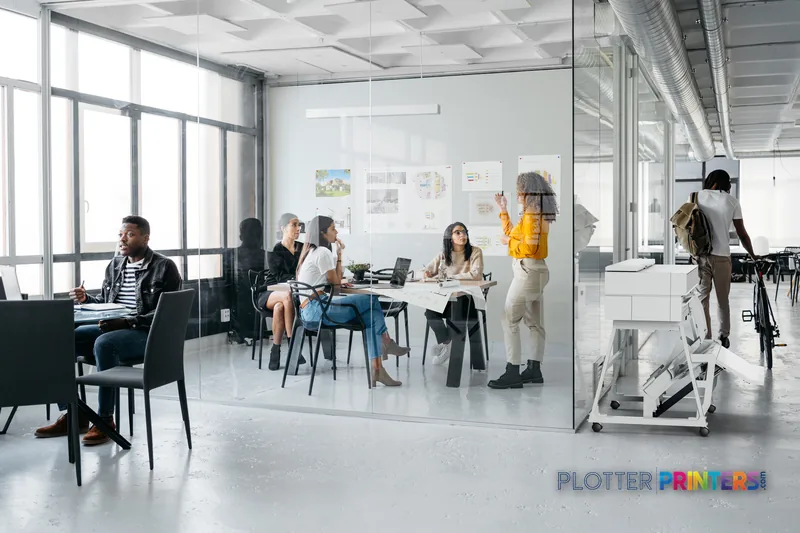 HP DesignJet XT950 36-in printer in a modern office workspace with team members reviewing large-format prints on wall