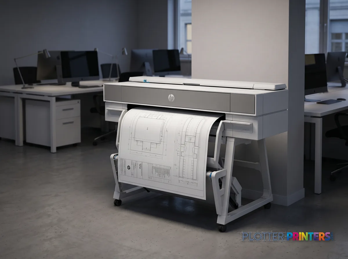 HP DesignJet XT950 36-in Plotter in an engineering office with a technical drawing at its print slot (staged scene from manufacturer product photography)