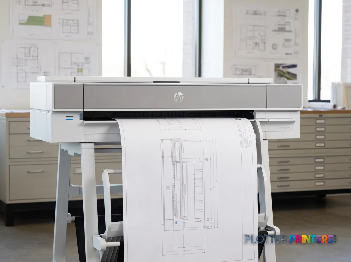 HP DesignJet XT950 36-in Plotter in a plan room beside flat-file drawers, printing a CAD elevation (staged scene from manufacturer product photography)