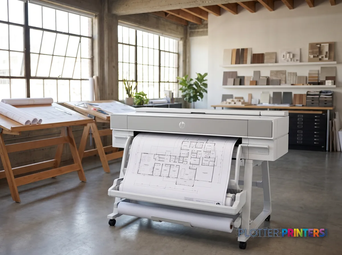 HP DesignJet XT950 36-in Plotter in a bright architecture studio, printing a large floor plan (staged scene from manufacturer product photography)