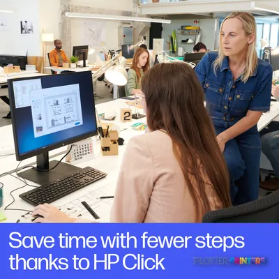 HP DesignJet T850 36-in MFP feature callout showing office workers reviewing large-format design prints at a desk