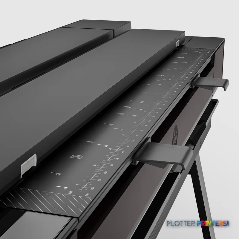 HP DesignJet T850 36-in multifunction printer product detail showing the platen and control panel with measurement markings