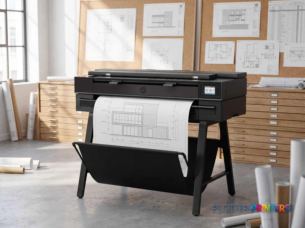 HP DesignJet T850 36-in MFP in a plan room beside flat-file drawers, printing a CAD elevation (staged scene from manufacturer product photography)