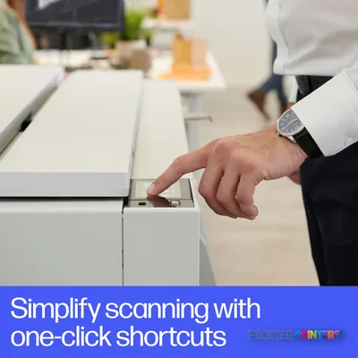 HP DesignJet T950 36-in MFP feature callout showing a user's hand operating the white printer's control panel