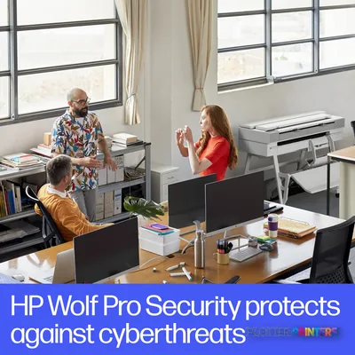 HP DesignJet T950 36-in multifunction printer in white, shown in an office environment with annotated features visible