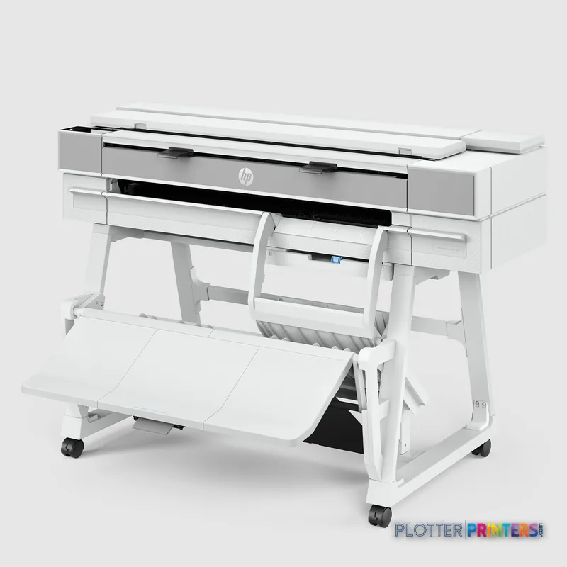 HP DesignJet T950 36-in multifunction printer product detail view showing white large-format printer on stand with output tr…