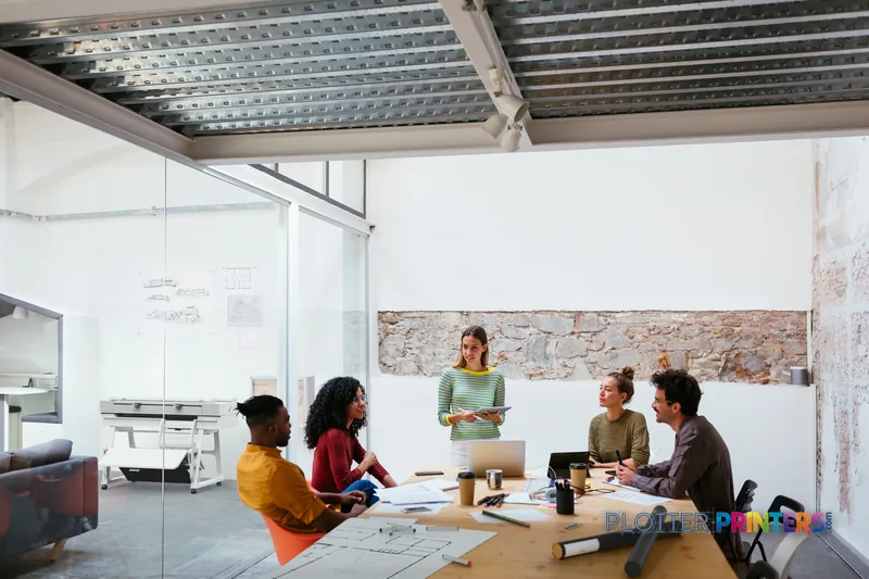 HP DesignJet T950 36-in multifunction printer in a modern office lifestyle setting with team reviewing large-format prints