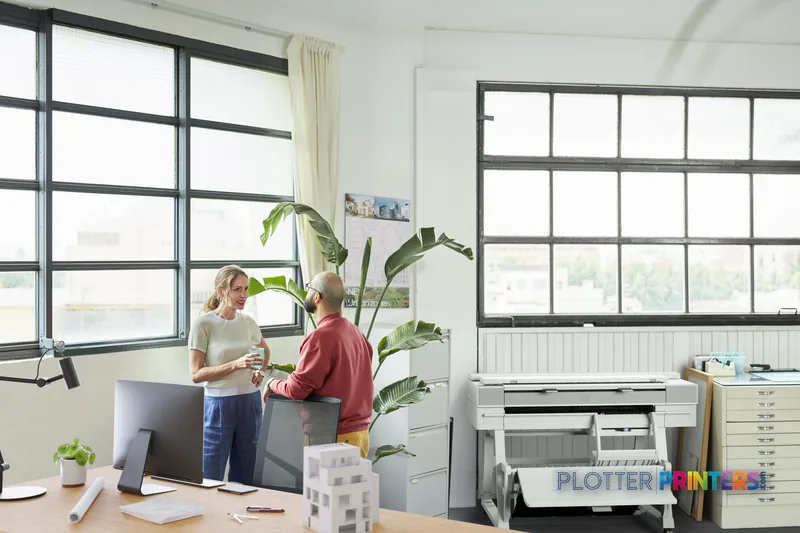 HP DesignJet T950 36-in multifunction printer in a bright office workspace with two people collaborating nearby
