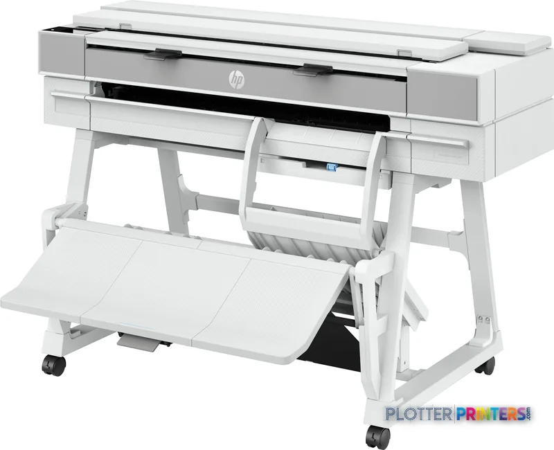HP DesignJet T950 36-in multifunction printer product image showing white large-format printer with open output tray