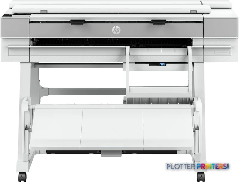 HP DesignJet T950 36-in multifunction printer product image showing front view with open paper tray