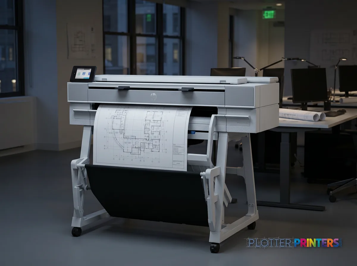 HP DesignJet T950 36-in MFP in an engineering office with a technical drawing at its print slot (staged scene from manufacturer product photography)