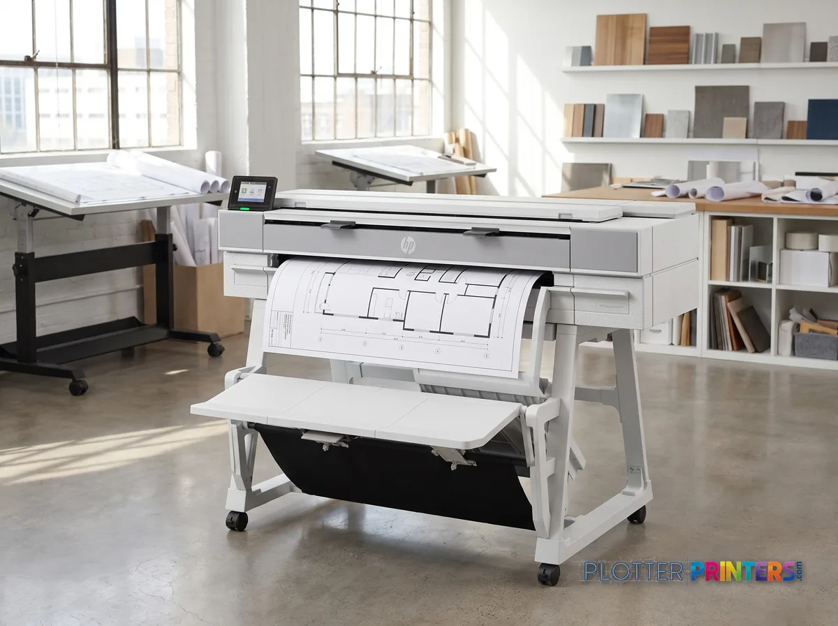 HP DesignJet T950 36-in MFP in a bright architecture studio, printing a large floor plan (staged scene from manufacturer product photography)