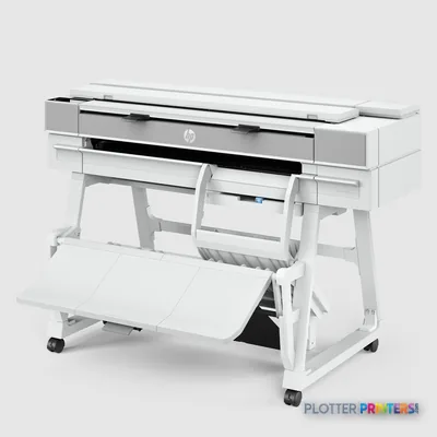 HP DesignJet XT950 36-in multifunction printer product detail view showing white large-format printer with open output tray
