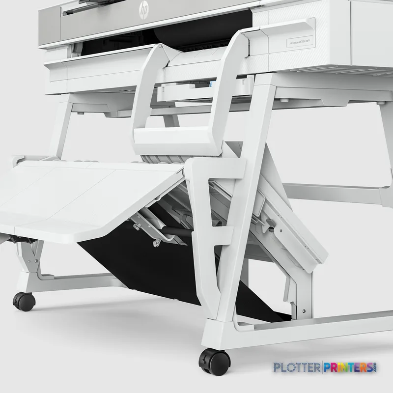 HP DesignJet XT950 36-in multifunction printer product detail view showing white device with open output tray and media hand…