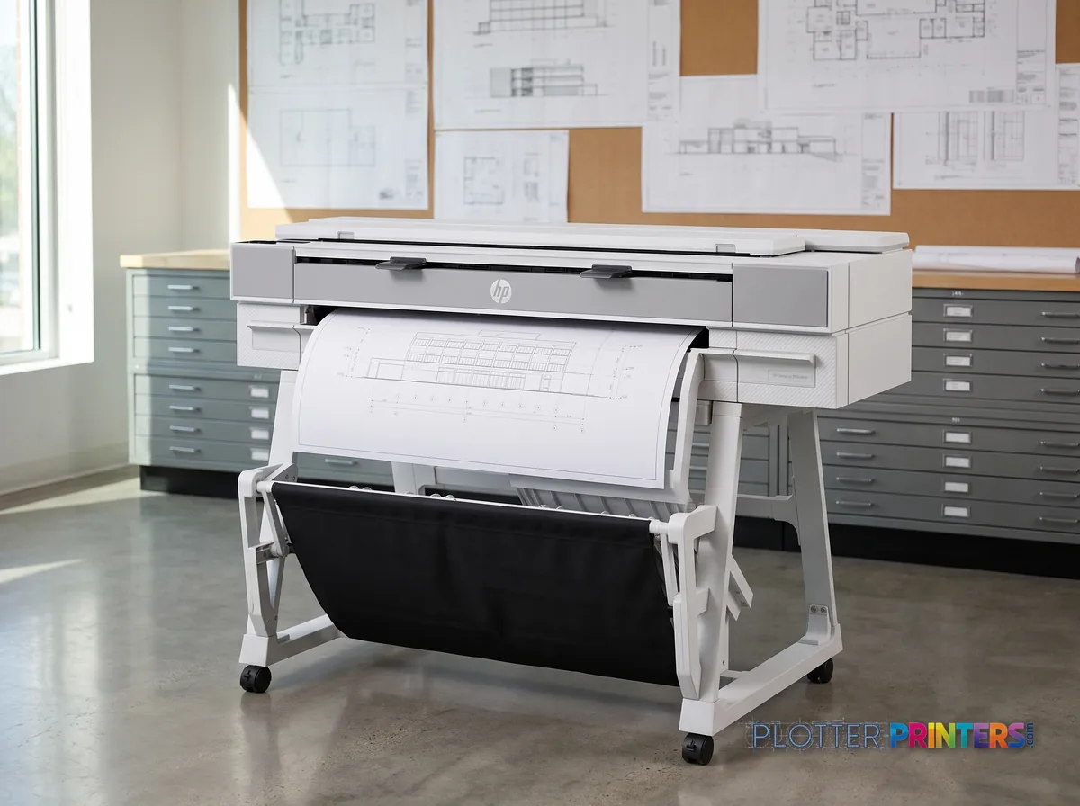 HP DesignJet XT950 36-in Multifunction Plotter in a plan room beside flat-file drawers, printing a CAD elevation (staged scene from manufacturer product photography)