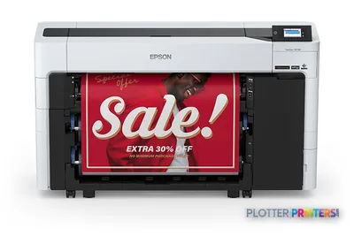 Epson SureColor T5770DR large format printer product image showing white and black inkjet printer with red sale banner print…