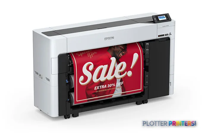 Epson SureColor T5770DR large-format printer product image showing white and black inkjet printer with red banner print