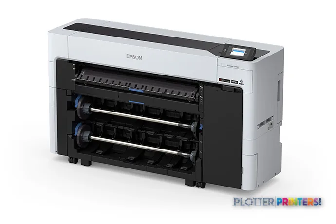 Epson SureColor T5770DR large format printer product image showing white and black inkjet printer with dual roll feed system