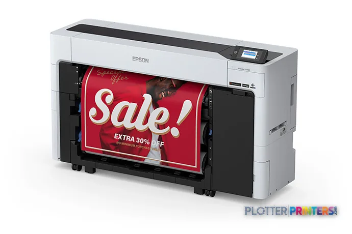 Epson SureColor T5770DR large-format printer product image showing white and black inkjet printer with red banner print