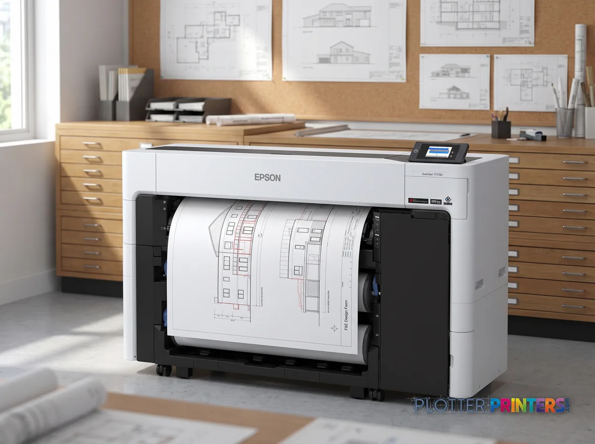 Epson SureColor T5770DR 36-in Dual-Roll Plotter in a plan room beside flat-file drawers, printing a CAD elevation (staged scene from manufacturer product photography)