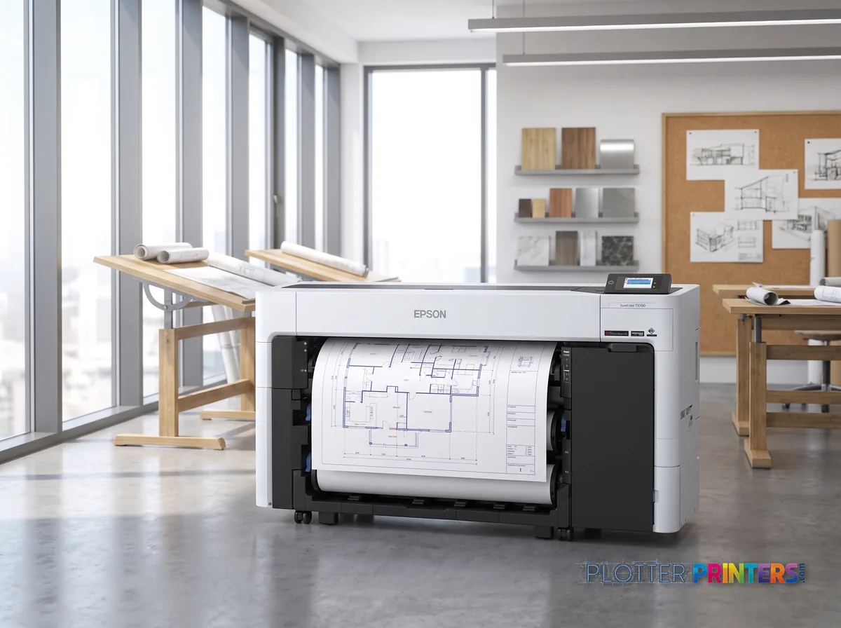 Epson SureColor T5770DR 36-in Dual-Roll Plotter in a bright architecture studio, printing a large floor plan (staged scene from manufacturer product photography)