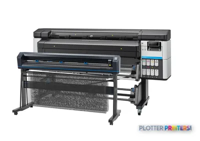 HP Latex 630 Print and Cut Plus Solution front-left view showing printer with cutting module and material output