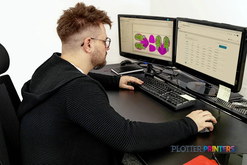 Designer working at dual monitors displaying colorful graphics, lifestyle view of HP Latex 630 Print and Cut Plus Solution s…
