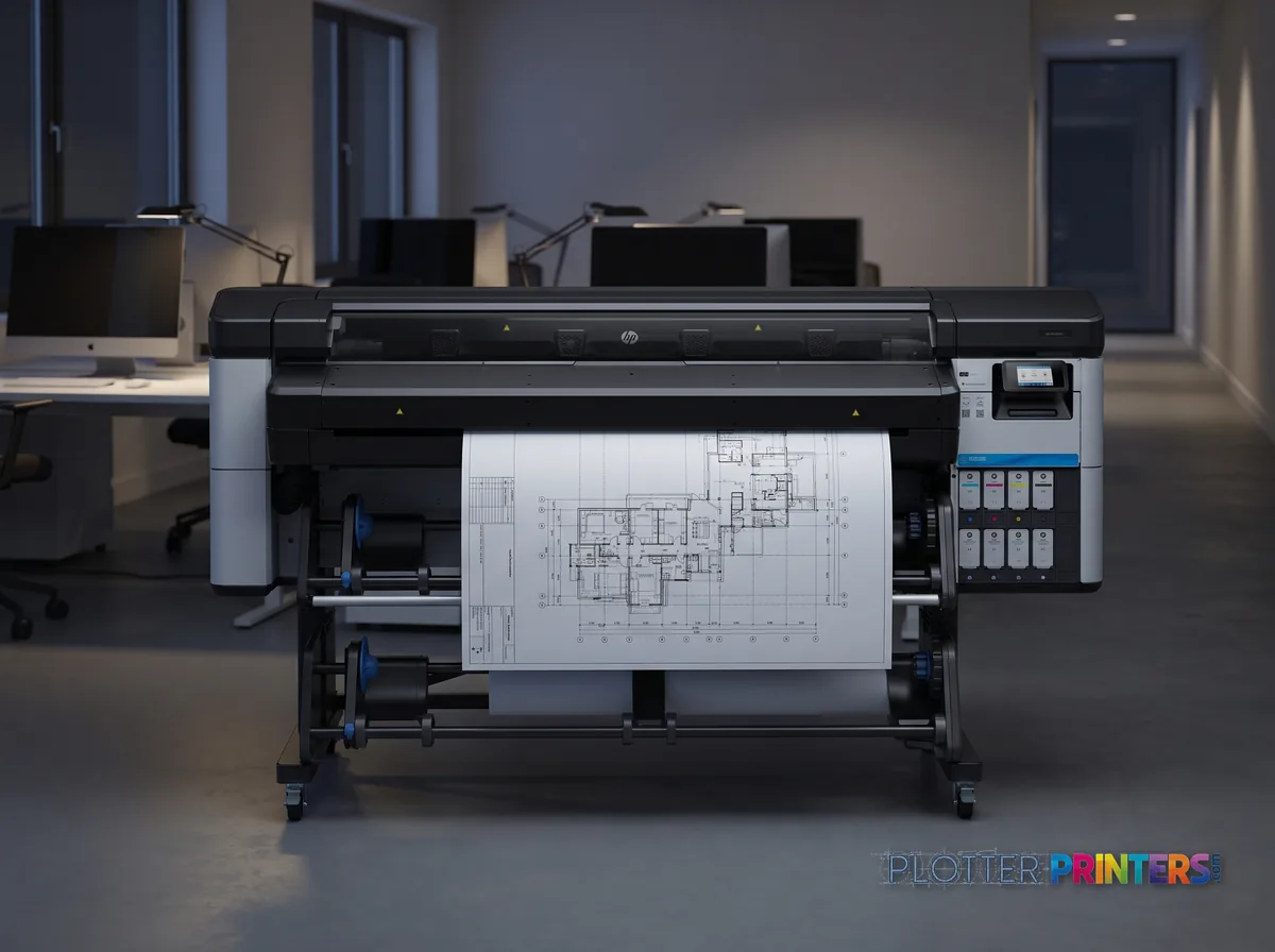 HP Latex 630 Print and Cut Plus Solution in an engineering office with a technical drawing at its print slot (staged scene from manufacturer product photography)