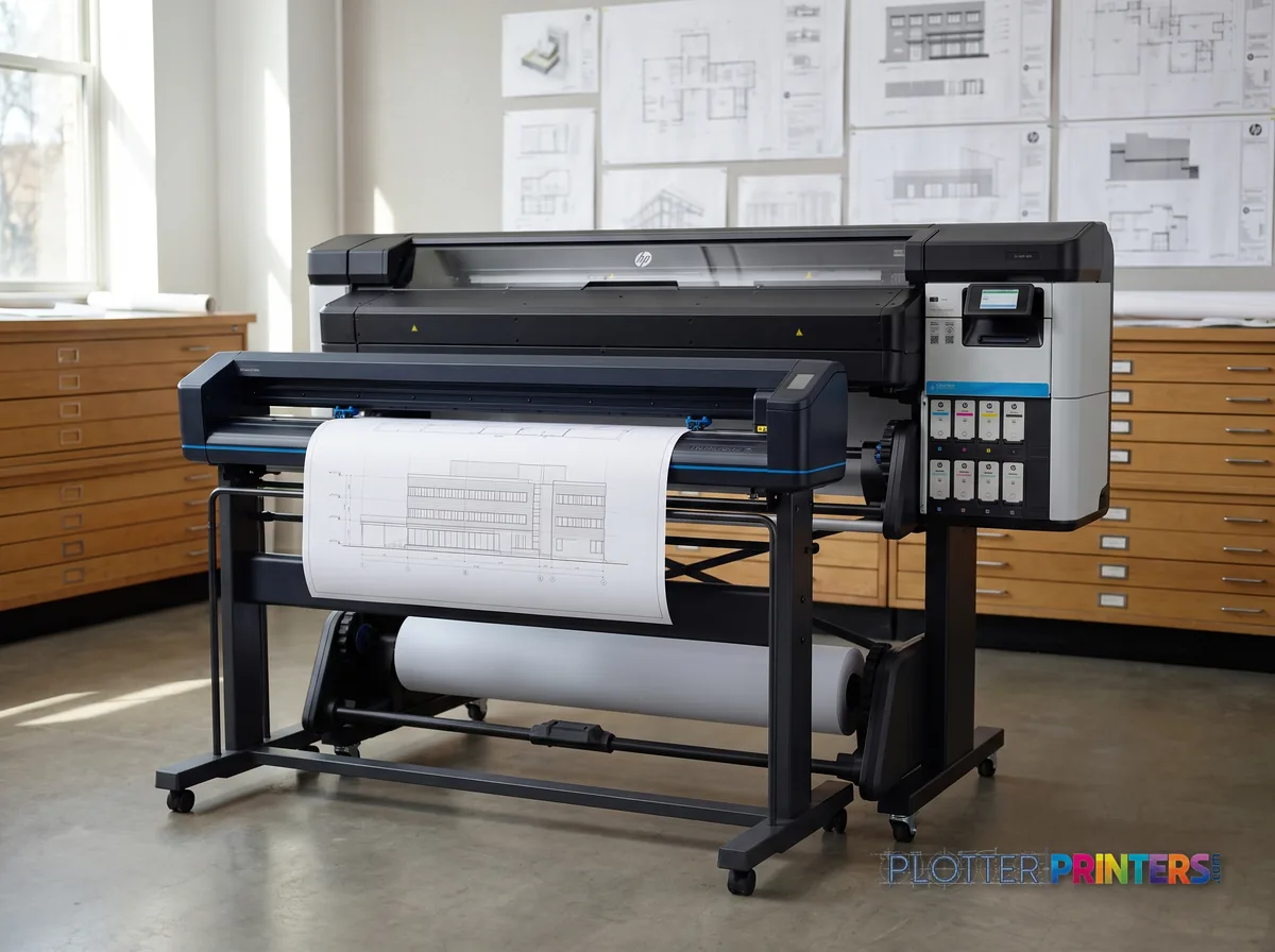 HP Latex 630 Print and Cut Plus Solution in a plan room beside flat-file drawers, printing a CAD elevation (staged scene from manufacturer product photography)