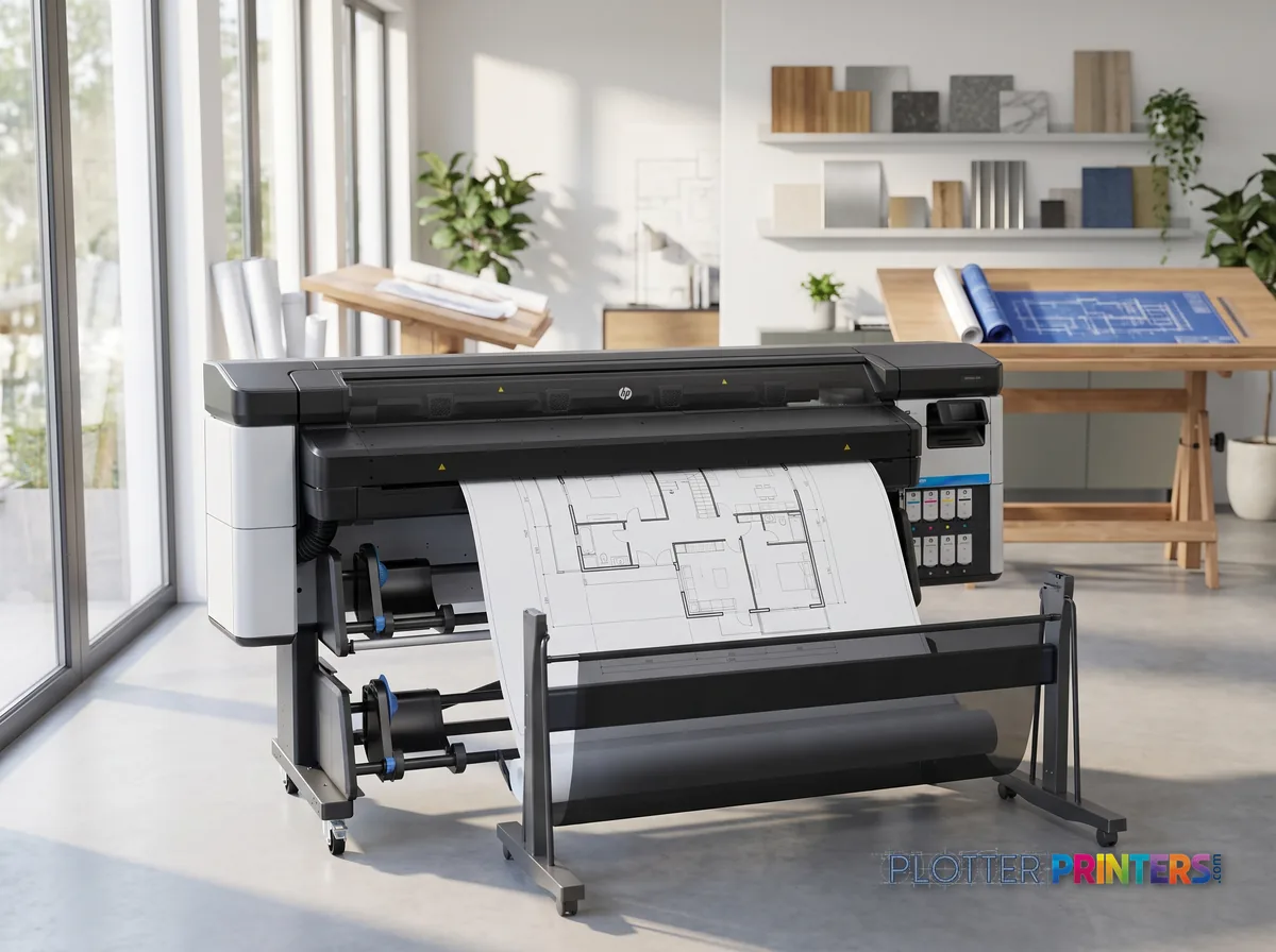 HP Latex 630 Print and Cut Plus Solution in a bright architecture studio, printing a large floor plan (staged scene from manufacturer product photography)