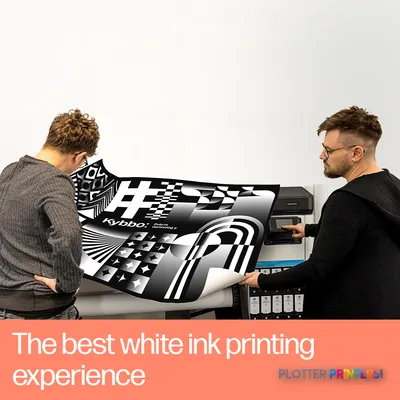 HP Latex 630 W Print and Cut Plus Solution annotated view showing two operators with a black and white printed material