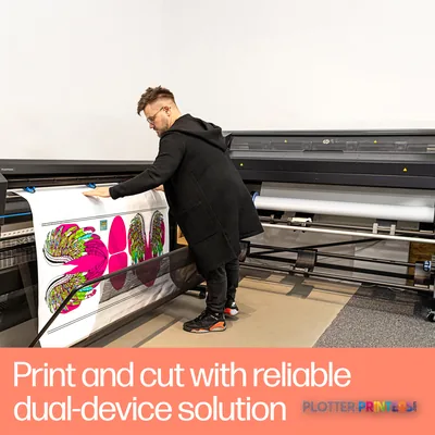 HP Latex 630 W Print and Cut Plus Solution feature callout showing operator handling colorful printed material from black pr…