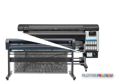 HP Latex 630 W Print and Cut Plus Solution front-center view showing black printer with integrated cutting module and contro…