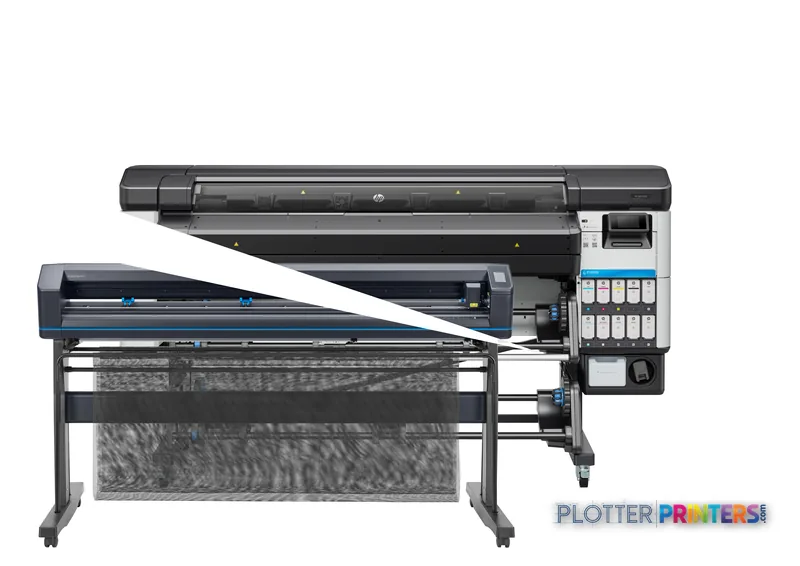 HP Latex 630 W Print and Cut Plus Solution front-center view showing black printer with integrated cutting module and contro…