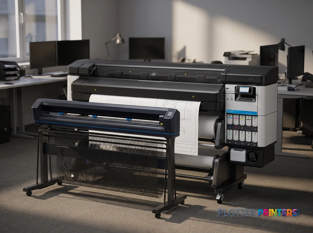 HP Latex 630 W Print and Cut Plus Solution in an engineering office with a technical drawing at its print slot (staged scene from manufacturer product photography)
