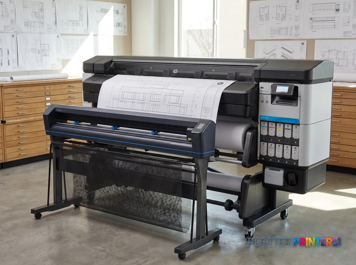 HP Latex 630 W Print and Cut Plus Solution in a plan room beside flat-file drawers, printing a CAD elevation (staged scene from manufacturer product photography)