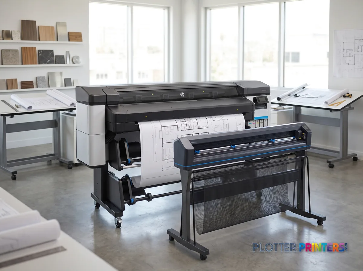 HP Latex 630 W Print and Cut Plus Solution in a bright architecture studio, printing a large floor plan (staged scene from manufacturer product photography)