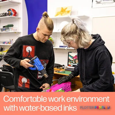 HP Latex 630 W Printer feature callout showing two people examining a colorful printed sample in a studio workspace