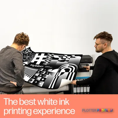 HP Latex 630 W Printer feature callout showing two users handling a large black and white printed design