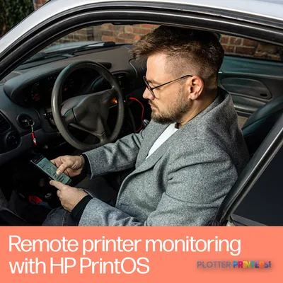 Man in car holding mobile device showing HP PrintOS remote monitoring interface