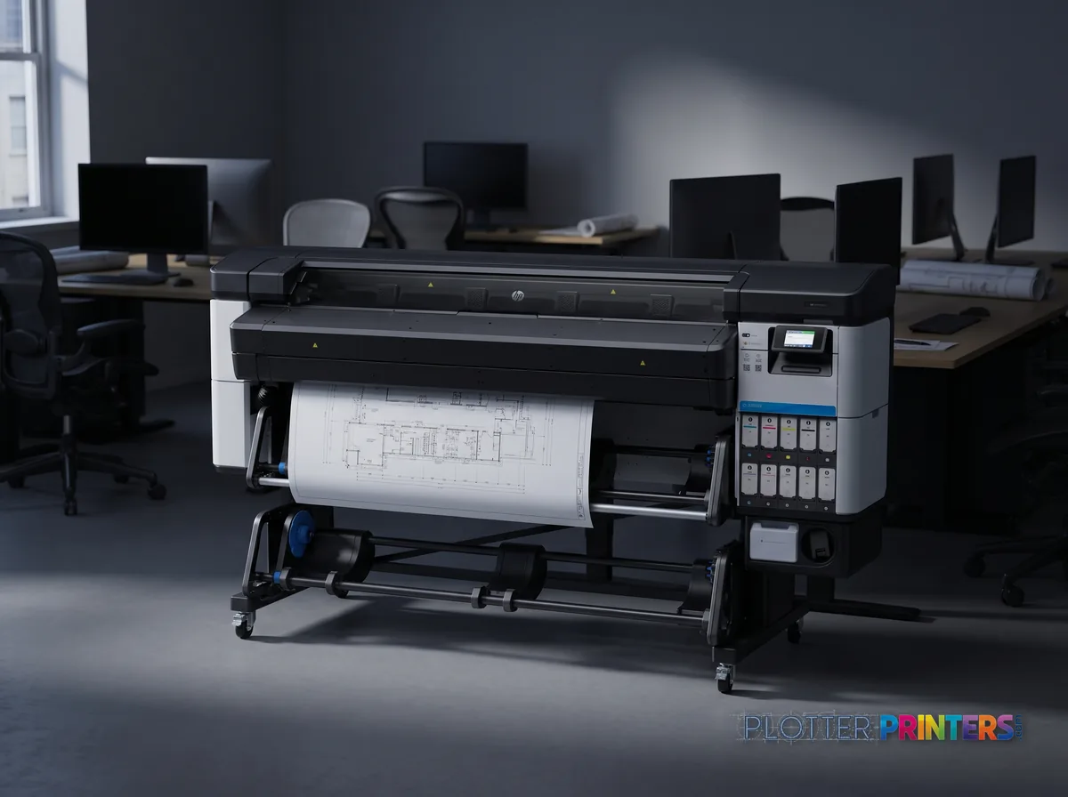 HP Latex 630 W Printer in an engineering office with a technical drawing at its print slot (staged scene from manufacturer product photography)
