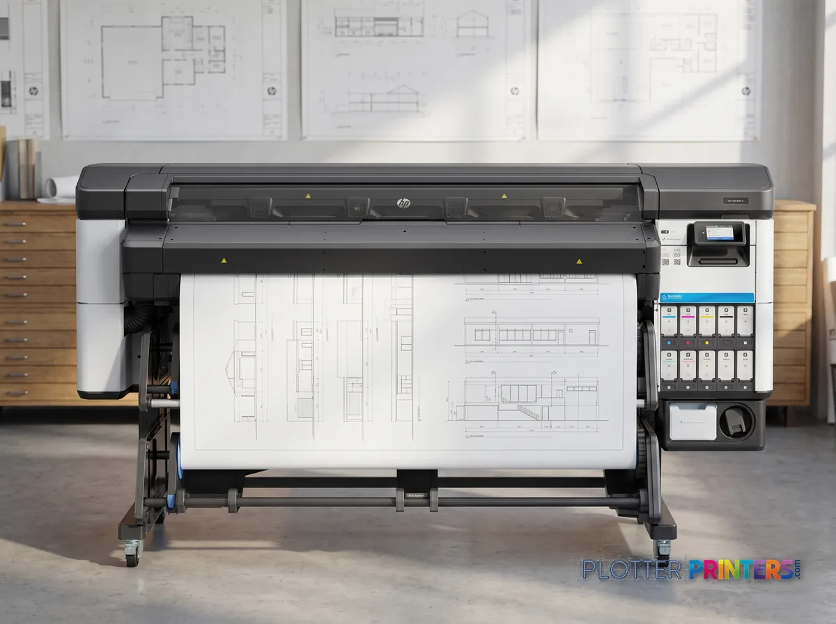 HP Latex 630 W Printer in a plan room beside flat-file drawers, printing a CAD elevation (staged scene from manufacturer product photography)