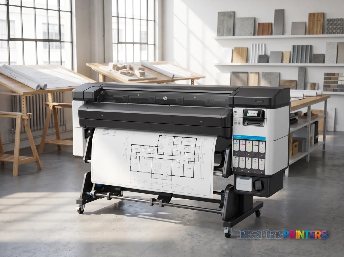 HP Latex 630 W Printer in a bright architecture studio, printing a large floor plan (staged scene from manufacturer product photography)