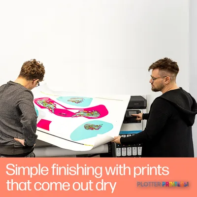 HP Latex 630 Printer feature callout showing two users examining a colorful printed output with vibrant pink and blue designs