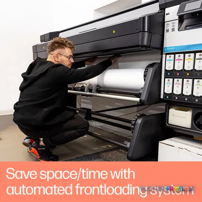 HP Latex 630 Printer annotated feature callout showing operator loading media into the front-loading system with ink cartrid…