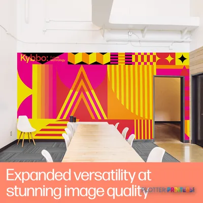 HP Latex 630 Printer feature callout showing vibrant printed wall mural with geometric patterns in magenta, yellow, and red