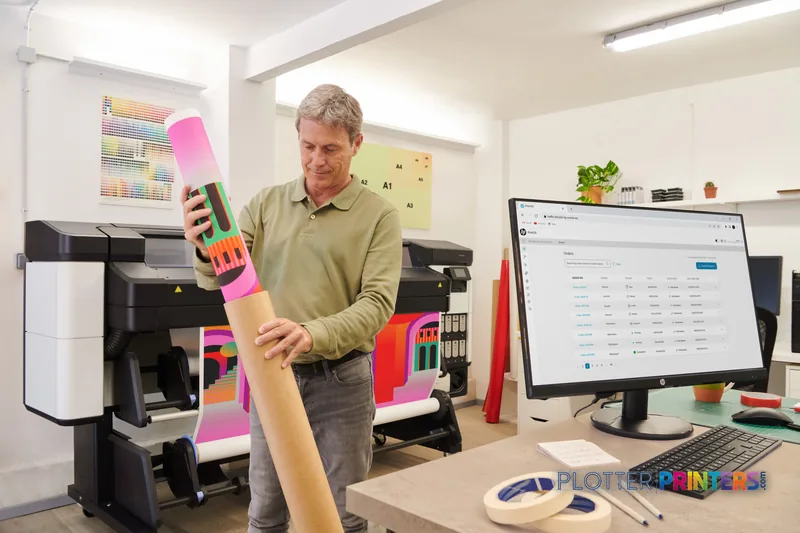 Man holding colorful printed sample in HP Latex 630 Printer office lifestyle setting