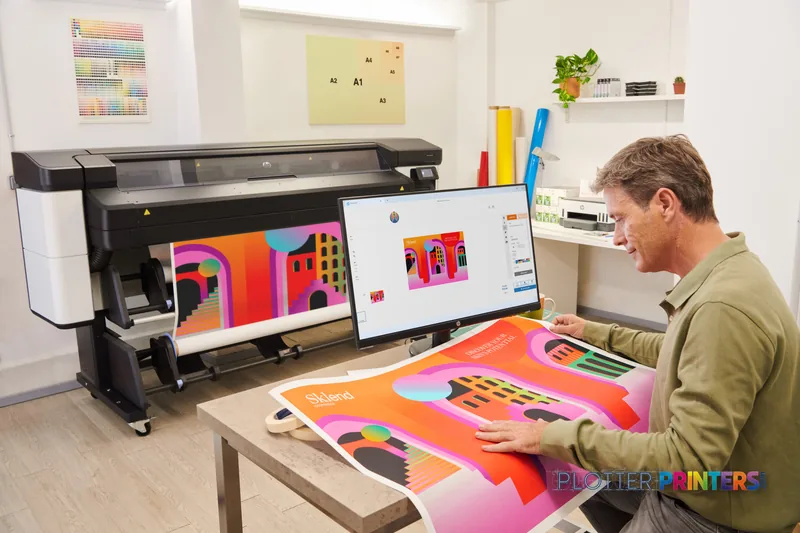 HP Latex 630 Printer lifestyle image showing the black large-format printer in a studio with a user reviewing colorful print…